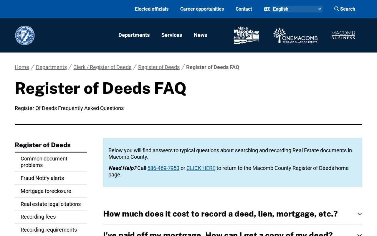 Washington Township street directory source showing Macomb Register of Deeds search and copy guidance